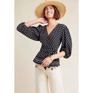 Faithfull The Brand X Anthropologie Yvette Black Floral Wrap Top Size 8